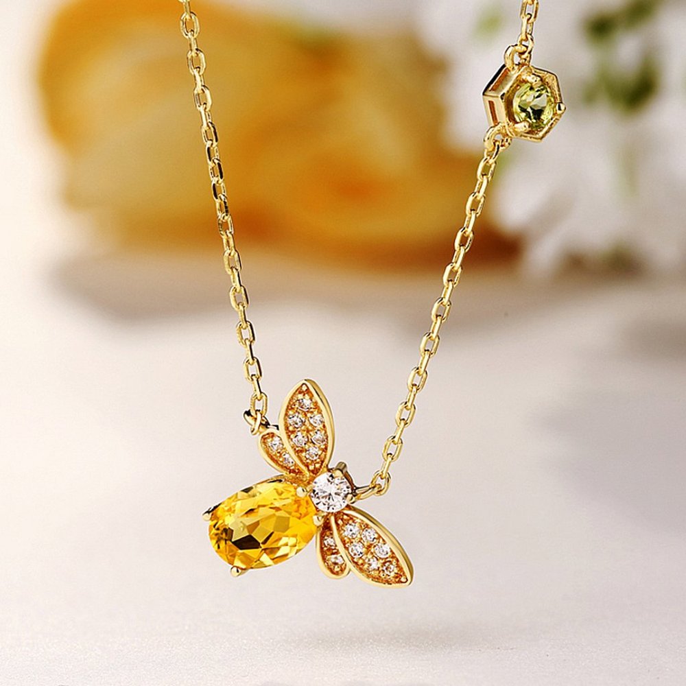 NEW 18K Yellow Gold Citrine Diamond Bee Necklace